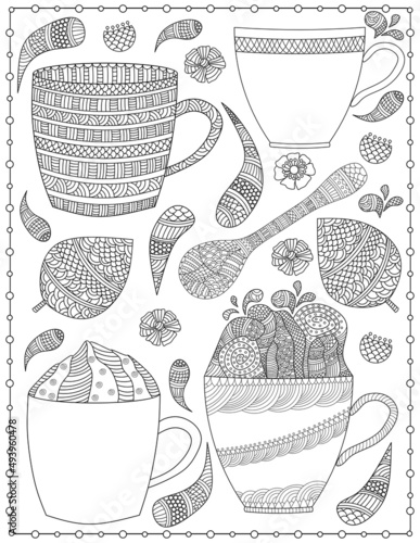 Cups coloring page for adults and kids. Hand drawn. Letter size.