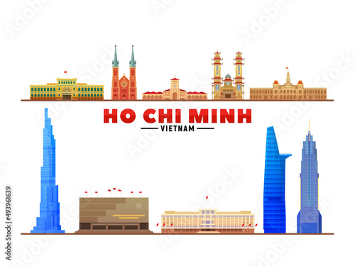 Ho Chi Minh city (Vietnam) top landmarks at white background. Vector Illustration. Business travel and tourism concept with modern buildings. Image for banner or web site.