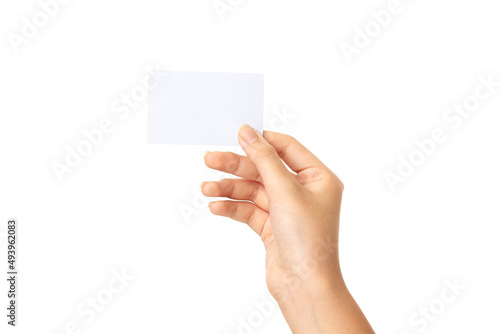 business woman hand holding business card isolated on white background with clipping path