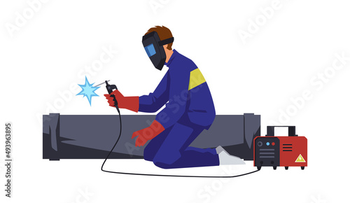 Welder with electrode welding machine on pipe, flat vector illustration isolated.