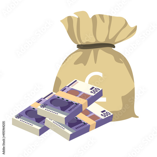 Kyrgyz som Vector Illustration. Kyrgyzstan money set bundle banknotes. Money bag 500 som. Flat style. Isolated on white background. Simple minimal design.