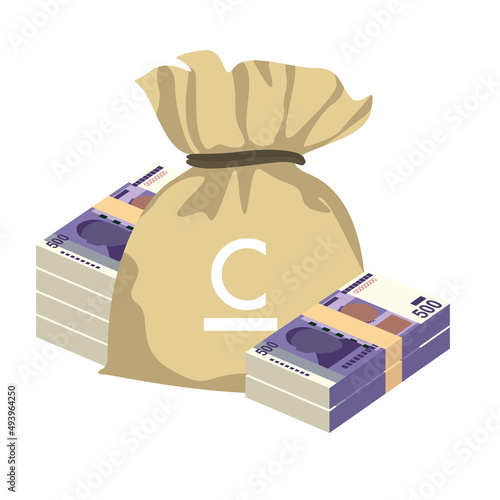 Kyrgyz som Vector Illustration. Kyrgyzstan money set bundle banknotes. Money bag 500 som. Flat style. Isolated on white background. Simple minimal design.