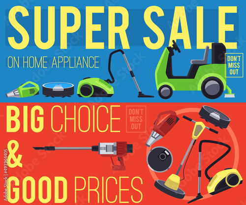 Vacuum cleaners super sale poster or banner  flat vector illustration.