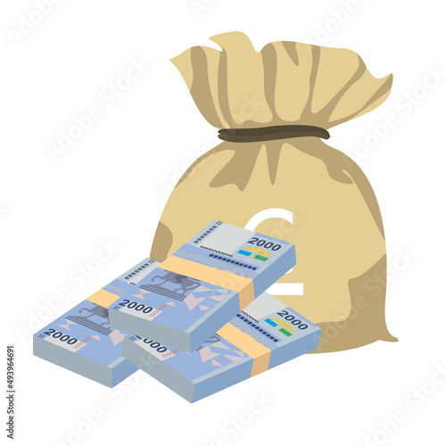 Kyrgyz som Vector Illustration. Kyrgyzstan money set bundle banknotes. Money bag 2000 som. Flat style. Isolated on white background. Simple minimal design.