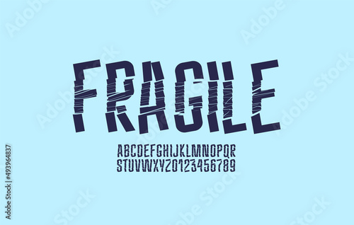 Cracked fragile font, destroyed alphabet, letters and numbers, vector illustration 10EPS