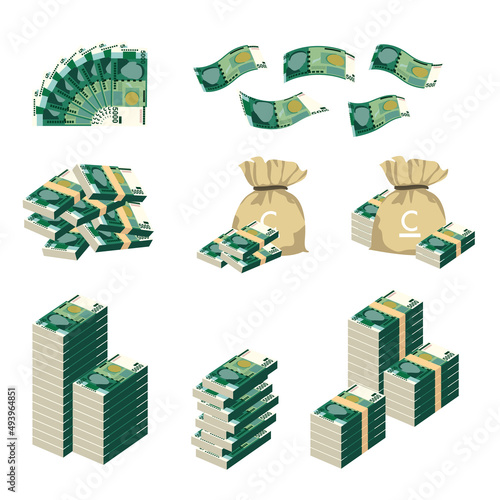 Kyrgyz som Vector Illustration. Huge packs of Kyrgyzstan money set bundle banknotes. Bundle with cash bills. Deposit, wealth, accumulation and inheritance. Falling money 5000 c.