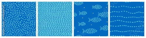 Modern mediterranean seamless pattern set inspired by mosaic floor and sea life. Vivid blue and aqua abstract background collection with water waves, lines and fish. Repeat vector design for fabric, w