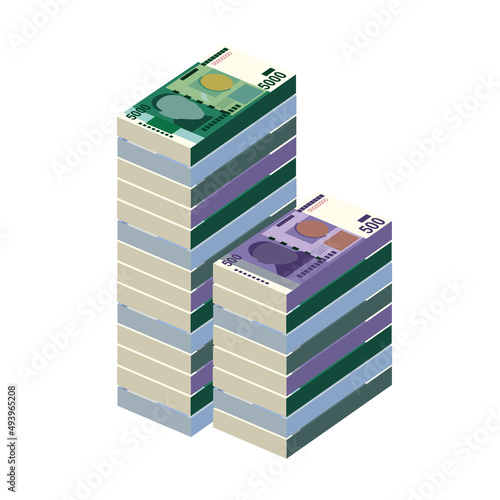 Kyrgyz som Vector Illustration. Kyrgyzstan money set bundle banknotes. Paper money 500, 1000, 2000, 5000 som. Flat style. Isolated on white background. Simple minimal design.