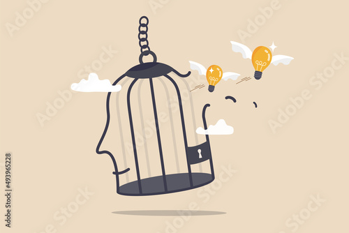 Free your mind and let creativity idea and imagination fly, mindfulness thinking, break free to get solution for business problem concept, flying light bulb idea break free from human head bird cage.