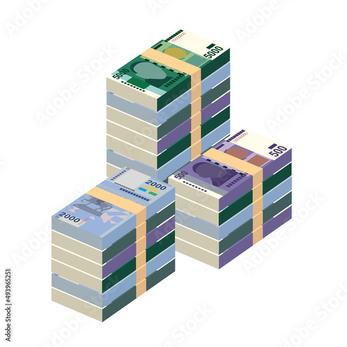 Kyrgyz som Vector Illustration. Kyrgyzstan money set bundle banknotes. Paper money 500, 1000, 2000, 5000 som. Flat style. Isolated on white background. Simple minimal design.