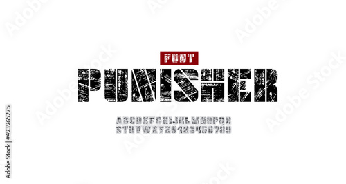 Grunge vintage font, large alphabet with a letterpress eroded rough texture