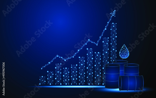 Oil barrel icon with oil drops and growth chart and up arrow. Concept of rising oil prices.
