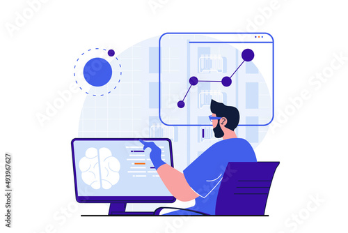 Science research modern flat concept for web banner design. Scientist studies brain and analyzes data on computer screen, doing neurobiology research. Illustration with isolated people scene © alexdndz