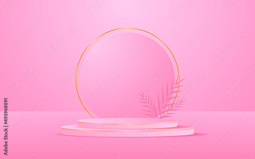Abstract background scene. Pink pedestal with golden circle lines and leaves in the back for product presentation. Cosmetic product display. vector illustration
