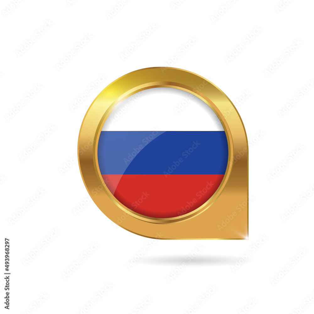 Flag of Russia, location map pin, pointer flag, button with the reflection of light and shadow, gold frame, Icon country. Realistic vector illustration on white background