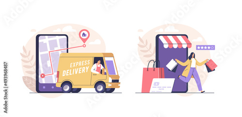 Online shopping and order delivery service online. Vector illustration.