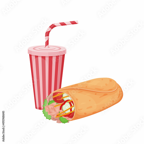 A burrito and a drink. Fast food. A dish of Mexican cuisine and a sweet carbonated drink. Vector illustration isolated on a white background