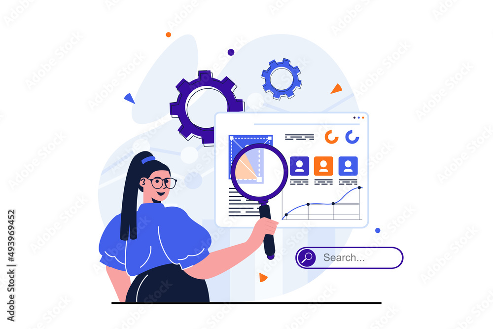 Seo analysis modern flat concept for web banner design. Woman with magnifier analyzes search results and marketing research, promotes site rating. Illustration with isolated people scene - obrazy, fototapety, plakaty 