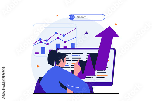 Seo analysis modern flat concept for web banner design. Man with magnifier analyzes data and search results, improves rankings and optimizes site. Illustration with isolated people scene