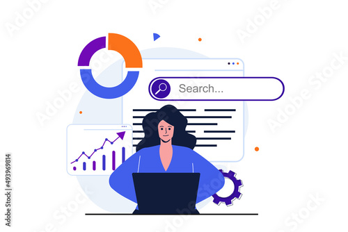 Seo analysis modern flat concept for web banner design. Woman analyst studies data, selects keywords and optimizes site for popular search queries. Illustration with isolated people scene