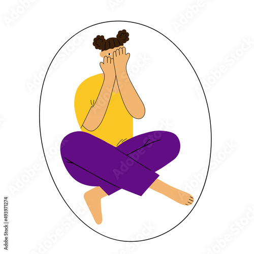 Autism concept. Lonely girl covers her face with her hands. Vector illustration isolated on white background