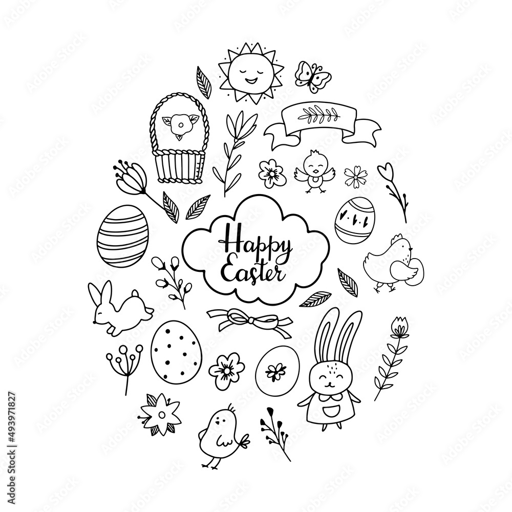 Happy easter black and white set of doodle elements. Vector hand drawn easter collection isolated on white background images Happy easter black and white set of doodle elements. Vector hand drawn easter collection isolated on white background images