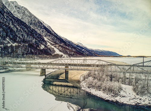 Obraz na plátně Aerial view of the Knik River Bridge in Palmer, Alaska