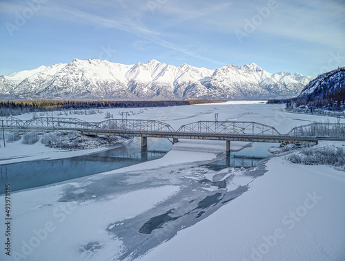 Aerial view of the Knik River Bridge in Palmer, Alaska photo