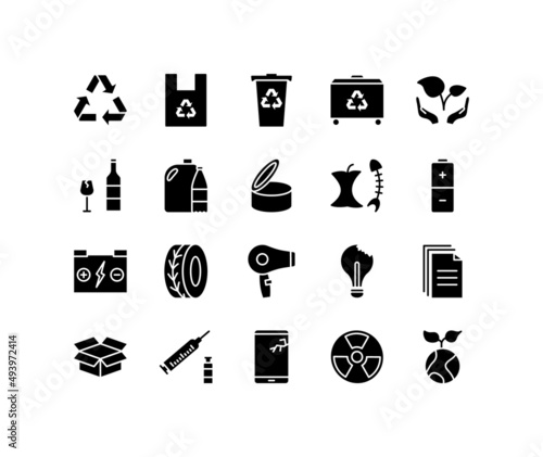 Recycling waste flat line icons set. Garbage separation, waste sorting - paper, glass, plastic, metal. Simple flat vector illustration for web site or mobile app