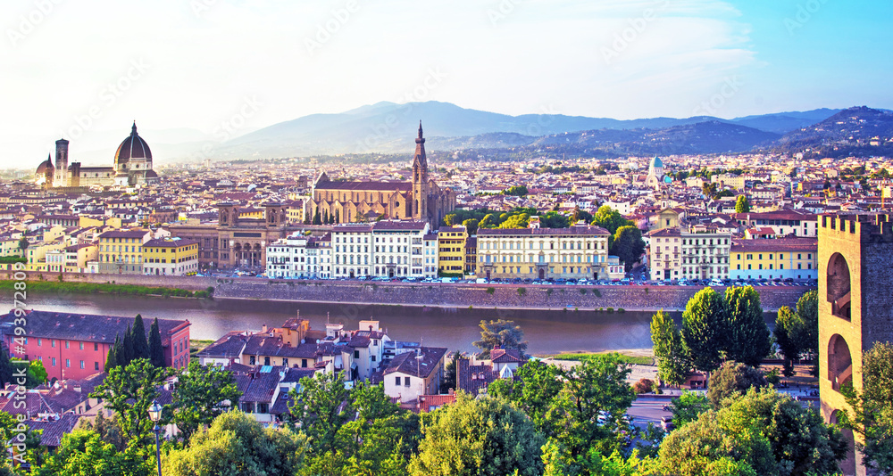 A fabulous panoramic view of Florence from Michelangelo Square at sunset. It is a pilgrimage of tourists and romantics. Duomo Cathedral. Italy, Tuscany