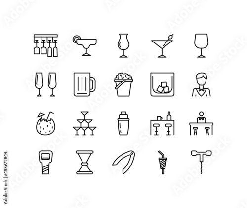 Bartenders Day flat line icons set. Barman, barkeeper, Bartender stuff and accessory. Simple flat vector illustration for web site or mobile app