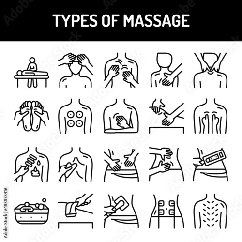 Types of massage line icons set. Isolated vector element.