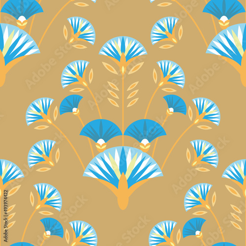 Seamless pattern vector illustration of the Egyptian ancient ornament with a lotus flower, leaves, papyrus, palm tree. Egyptian culture element For wallpaper, wrapping, paper, fabric, background
