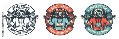 Vintage space badge with alien in spacesuit. Martian with laser pistols - retro logo. Vector image.