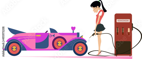 Woman on the gas station illustration.
Sad young woman holds a filling gun. No petrol on the petrol station
