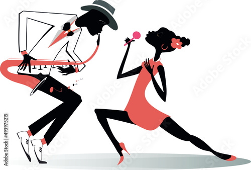 African saxophonist man and singer woman illustration.
African man plays saxophone and African singer woman sings to microphone with great inspiration
