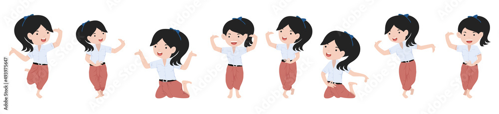 Cartoon character girl student traditional Thai dancer set Cartoon character girl student traditional Thai dancer set