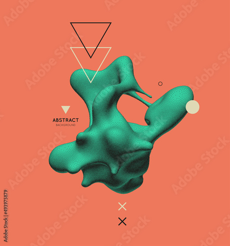 Abstract background with flowing liquid shape. 3D fluid graphic element. Composition in dotwork style. Vector illustration for for banner, flyer, poster, cover, brochure or presentation.