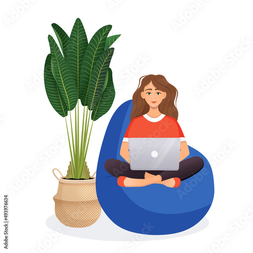 Woman sits on the bean bag chair and works at the computer. Remote work, office at home, programming, freelance. Study at home in quarantine. Vector illustration.