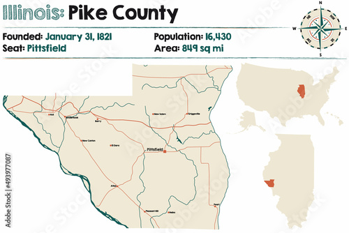 Large and detailed map of Pike county in Illinois, USA. photo