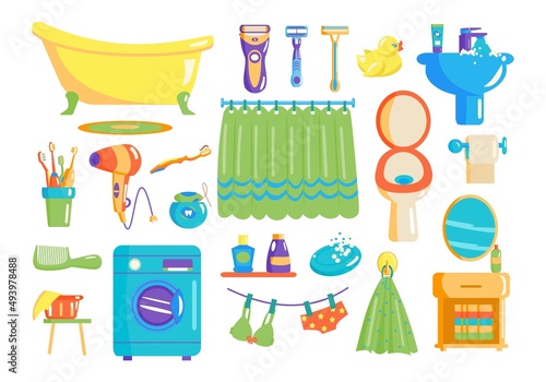 Bathroom with bath accessories furniture bathtub sink shampoo toilet washing machine towel soap towel. Hygiene products, bodycare accessories vector illustration