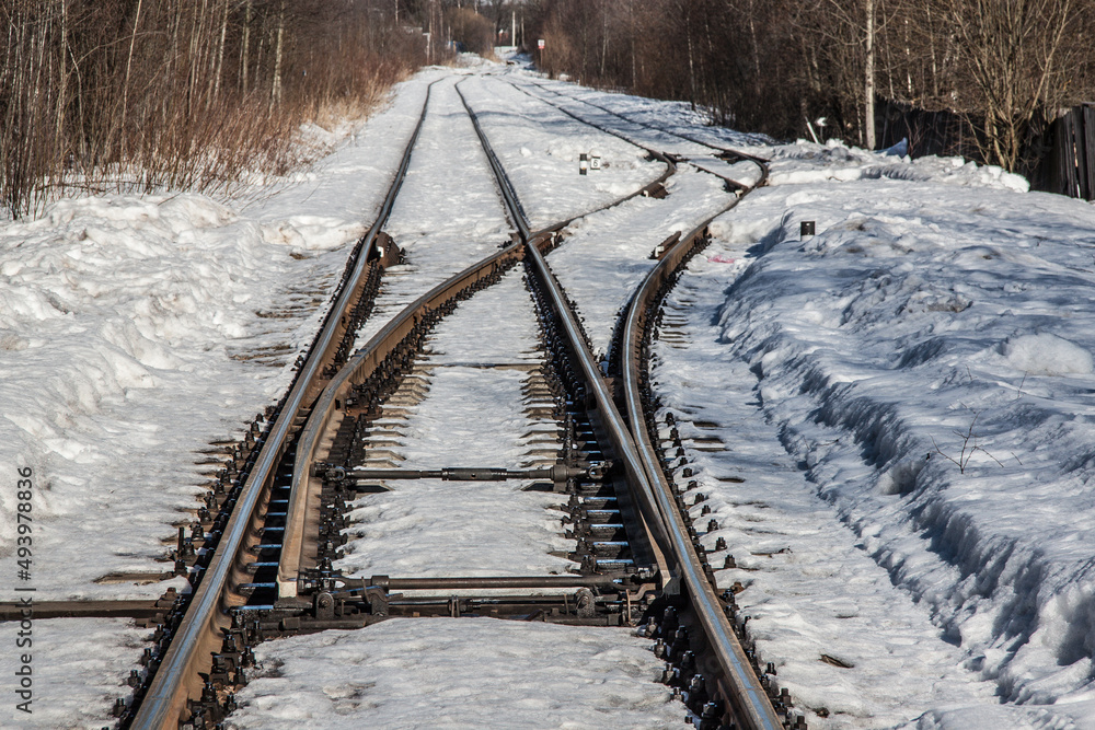 Fototapeta premium railway tracks close-up in winter