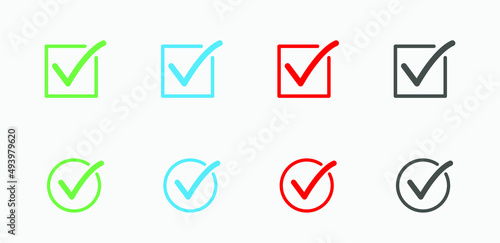 check mark, check box, checklist icon vector set. Green, red, blue, grey tick, yes or no, accept and decline, ok symbol