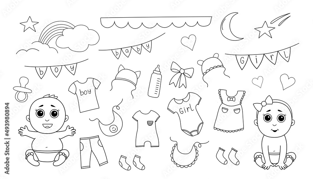 A set of doodle elements with kids boy and girl. Vector clipart with children's attributes icons items clothing. Newborn babies