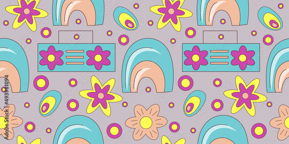 Groovy pattern in doodle style on colorful background. 70s retro floral seamless pattern with music and rainbow. Simple vector groovy illustration.