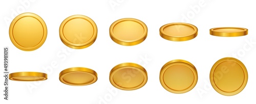 3d realistic empty gold coin rotating animation. Money cash for gambling games, treasure, finance or casino jackpot concept. Golden coins currency top, side and perspective view vector set