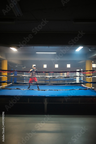 Sportsman in boxing gloves training alone in ring. Focused young boxer preparing for competition. Strength and motivation concept