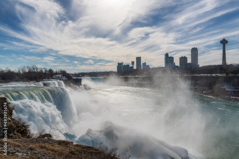 American side of Niagara Falls in winter Sunny morning. American side of Niagara Falls in winter Sunny morning.