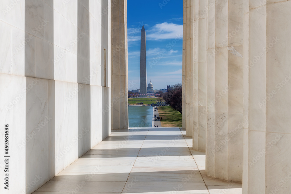 Washington Monument through the columns of the Lincoln Memorial, Washington, DC