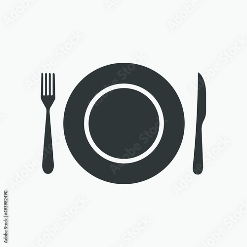 plate, knife, fork vector icon isolated. meal, dinner, food, kitchen, lunch, utensil, eat, dishware symbol